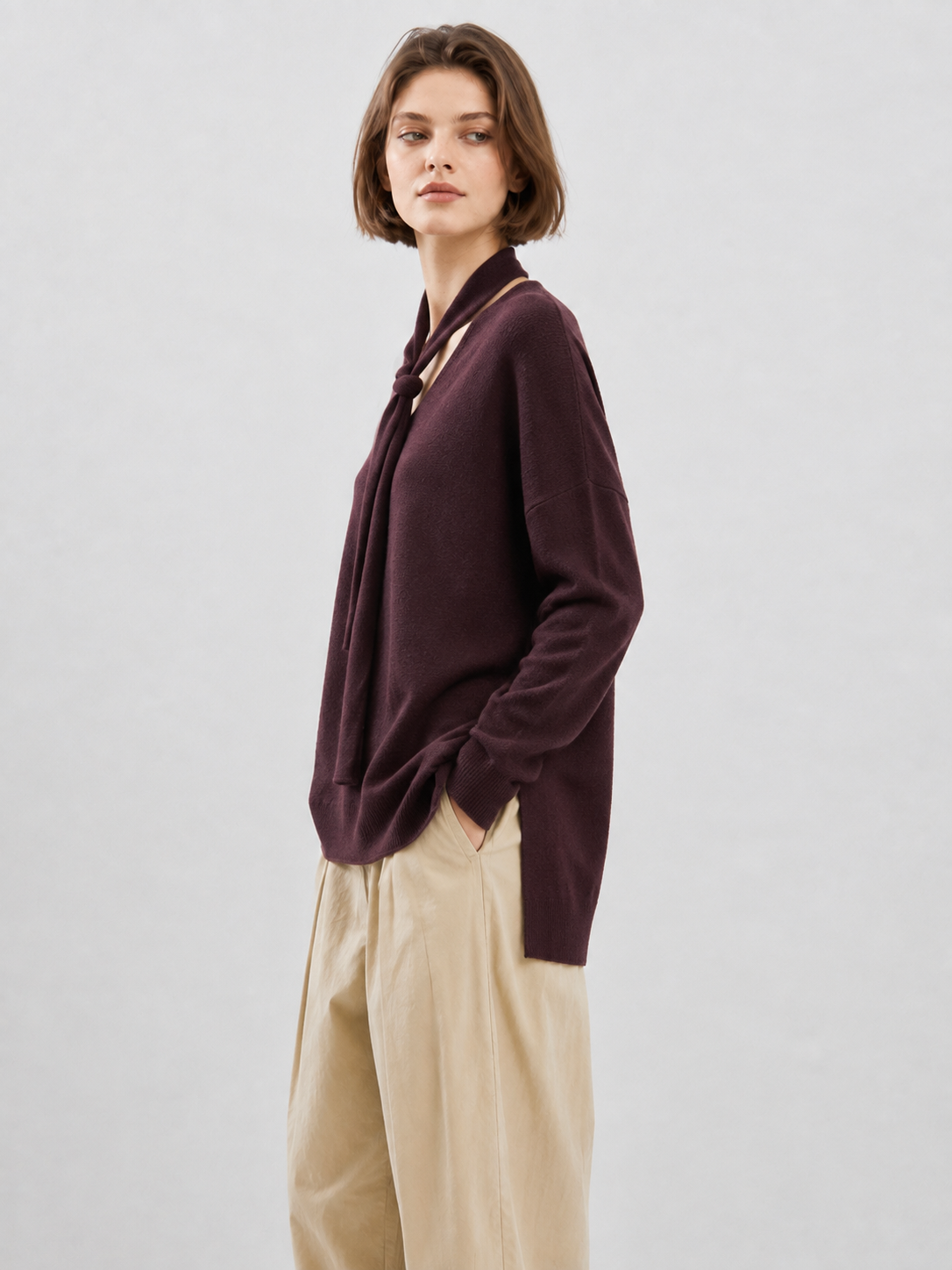 Women Burgundy Tie Neck Knit Sweater Long Sleeve Loose Fit Pullover Top with Side Slits for Casual Autumn Outfits