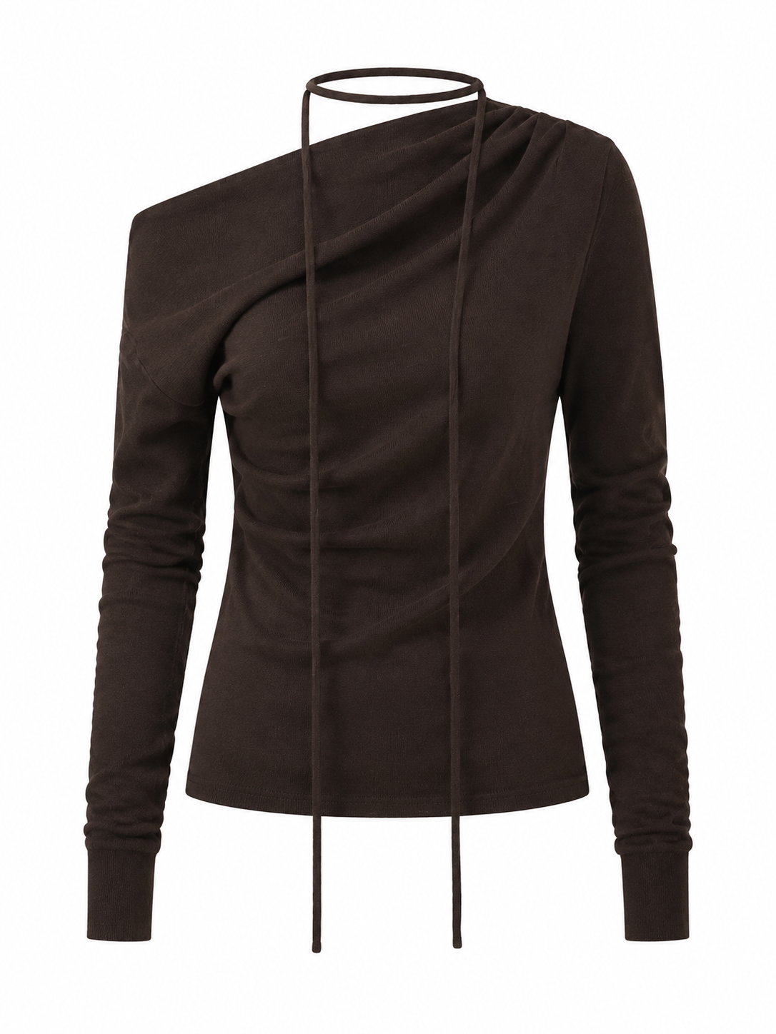 Women Asymmetric One Shoulder Long Sleeve Top Ruched Slim Fit Draped Blouse with Tie Strap for Autumn Fashion