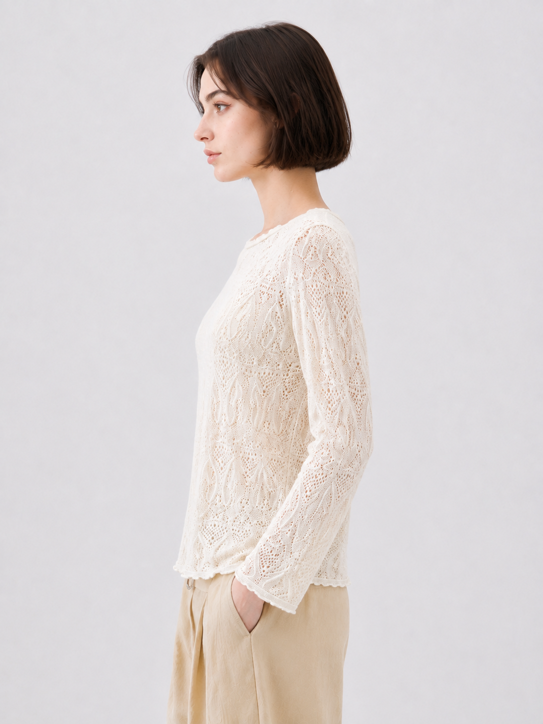 Women Pointelle Lace Knit Top Long Sleeve Sheer Crochet Pullover Round Neck Lightweight Openwork Sweater Ivory Layering Top