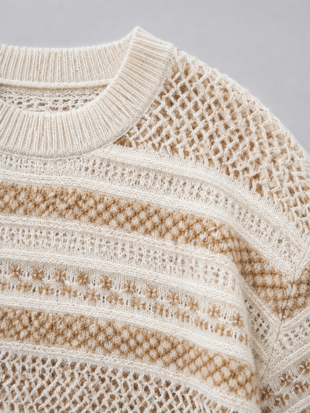 Women Hollow Out Knit Sweater Crochet Striped Pullover Ladies Crew Neck Oversized Beige Openwork Jumper Spring Knitwear