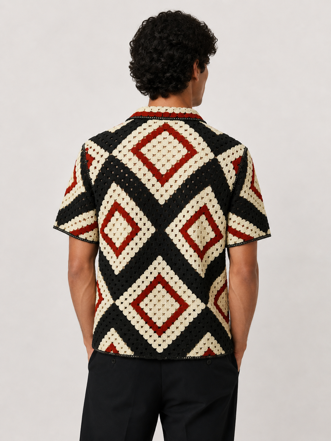 Vintage Geometric Crochet Knit Button-Up Shirt