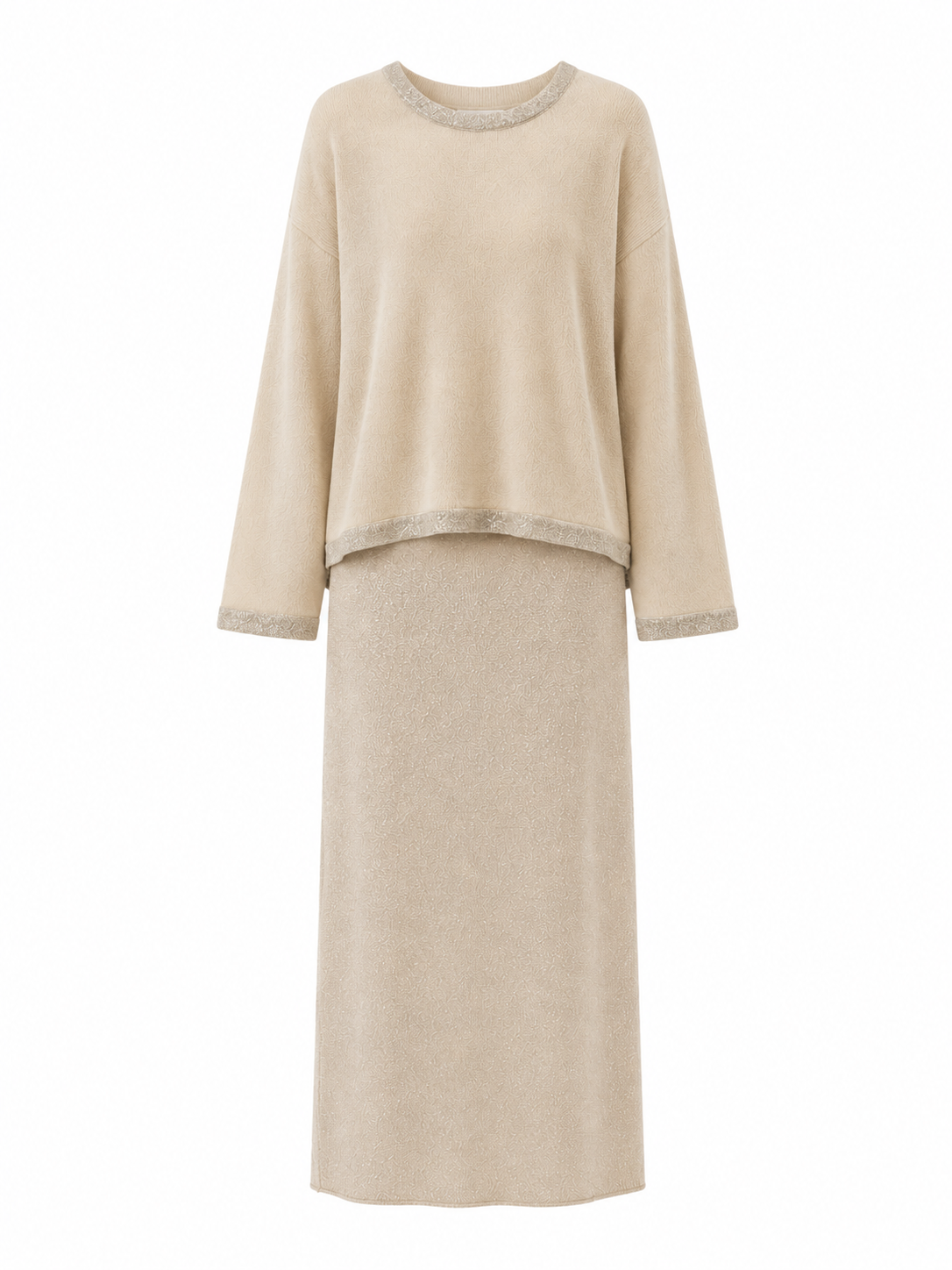 Shimmer Lurex Knit Two Piece Set Women Beige Crew Neck Sweater Maxi Skirt Elegant Modest Quiet Luxury Outfit Suit