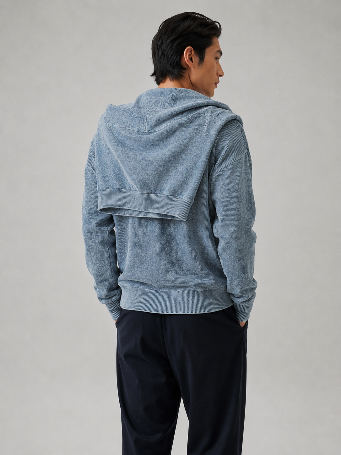 Men's Premium Blue Knit Sweater Oversized Fit Casual Luxury Pullover with Scarf Detail Soft Blend Winter Jumper