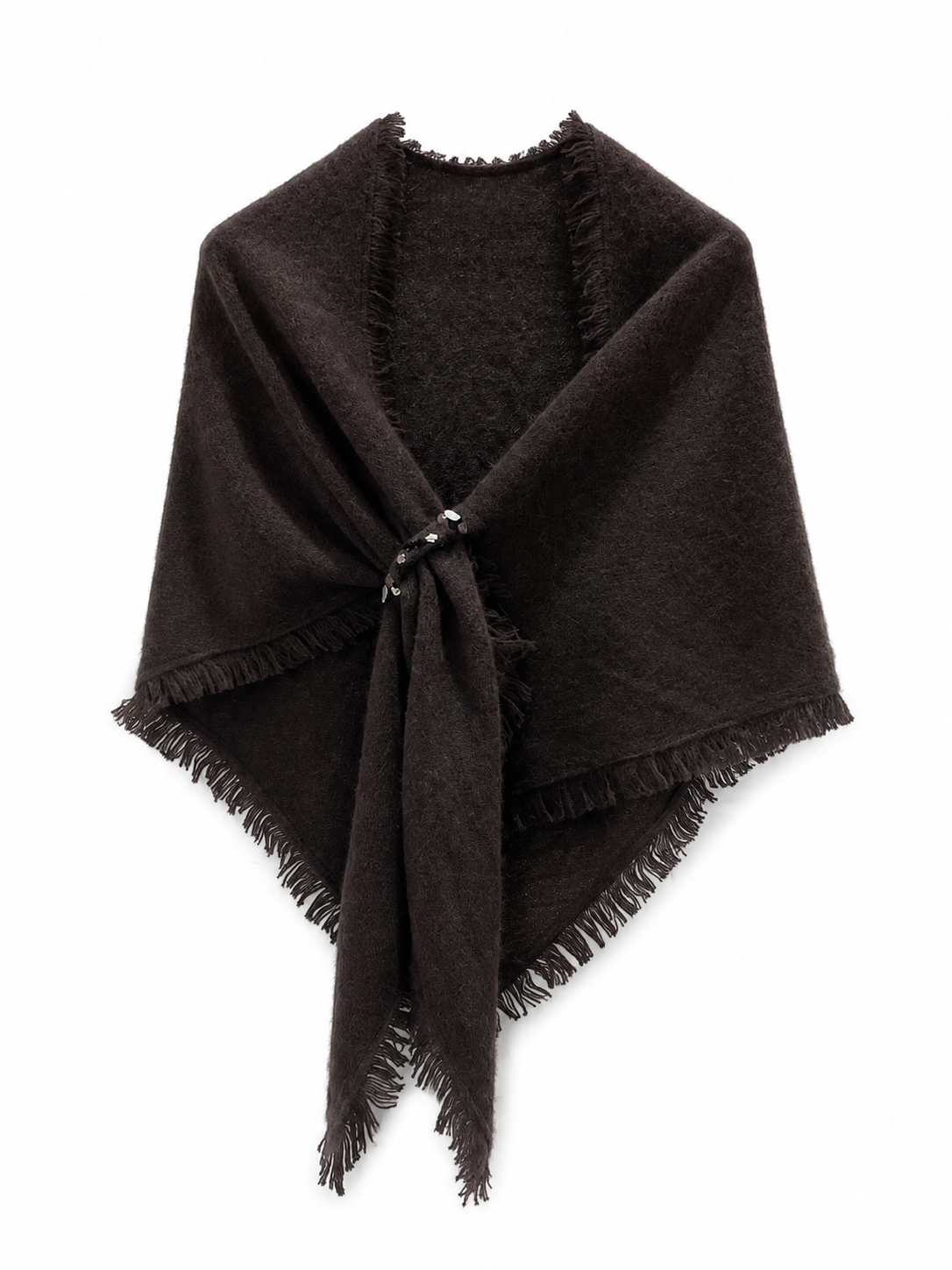 Women Minimalist Luxury Brushed Knit Shawl Wrap Fringe Edge Triangle Poncho With Decorative Buckle Custom Color Logo OEM ODM Wholesale
