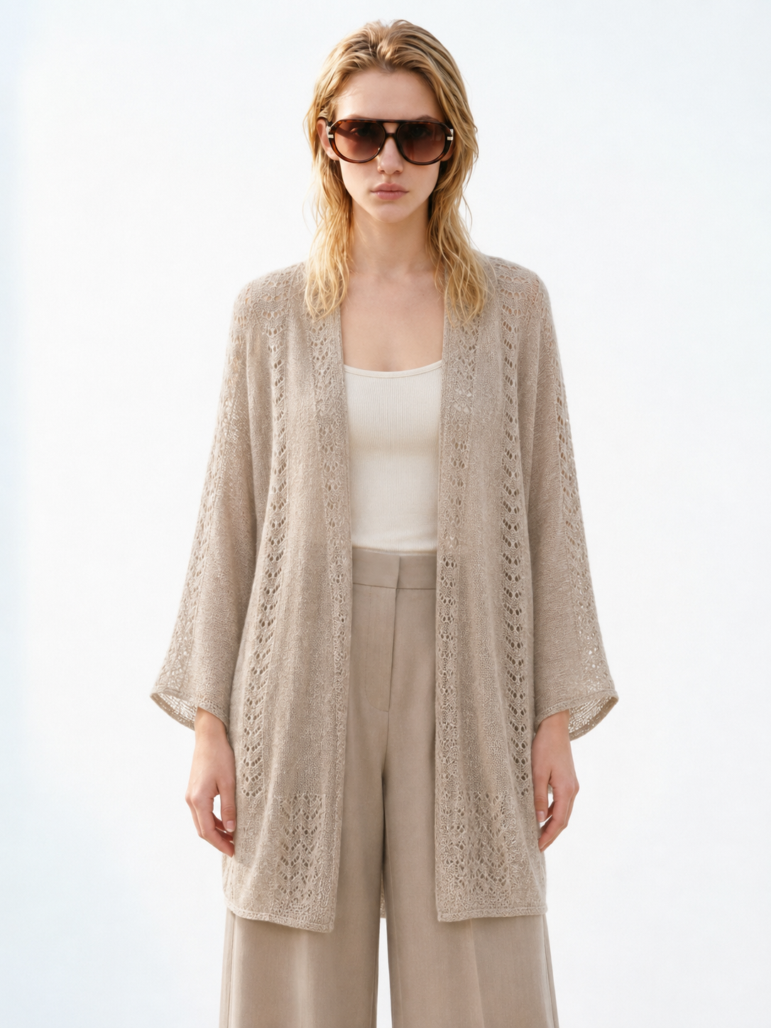 Women Open Front Pointelle Knit Cardigan Longline Lightweight Hollow Out Sweater Coat Loose Batwing Sleeve Beach Cover Up