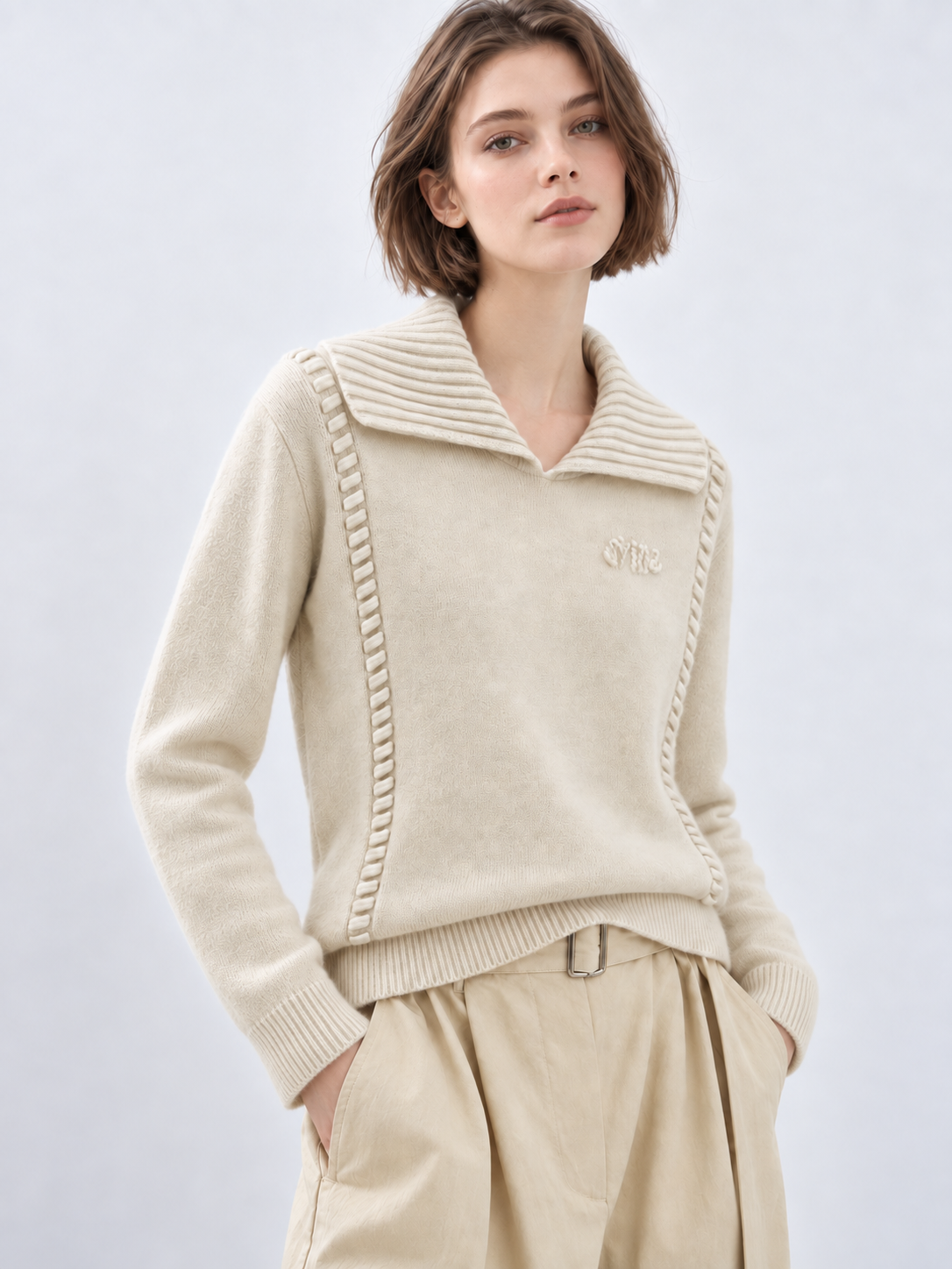 Women's V Neck Knit Sweater Wide Collar Long Sleeve Pullover with Contrast Braided Trim Relaxed Fit Casual Jumper
