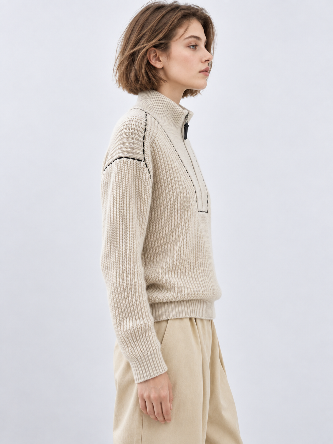 Women's Half Zip Ribbed Knit Sweater Mock Neck Long Sleeve Pullover with Contrast Stitching Relaxed Fit Jumper