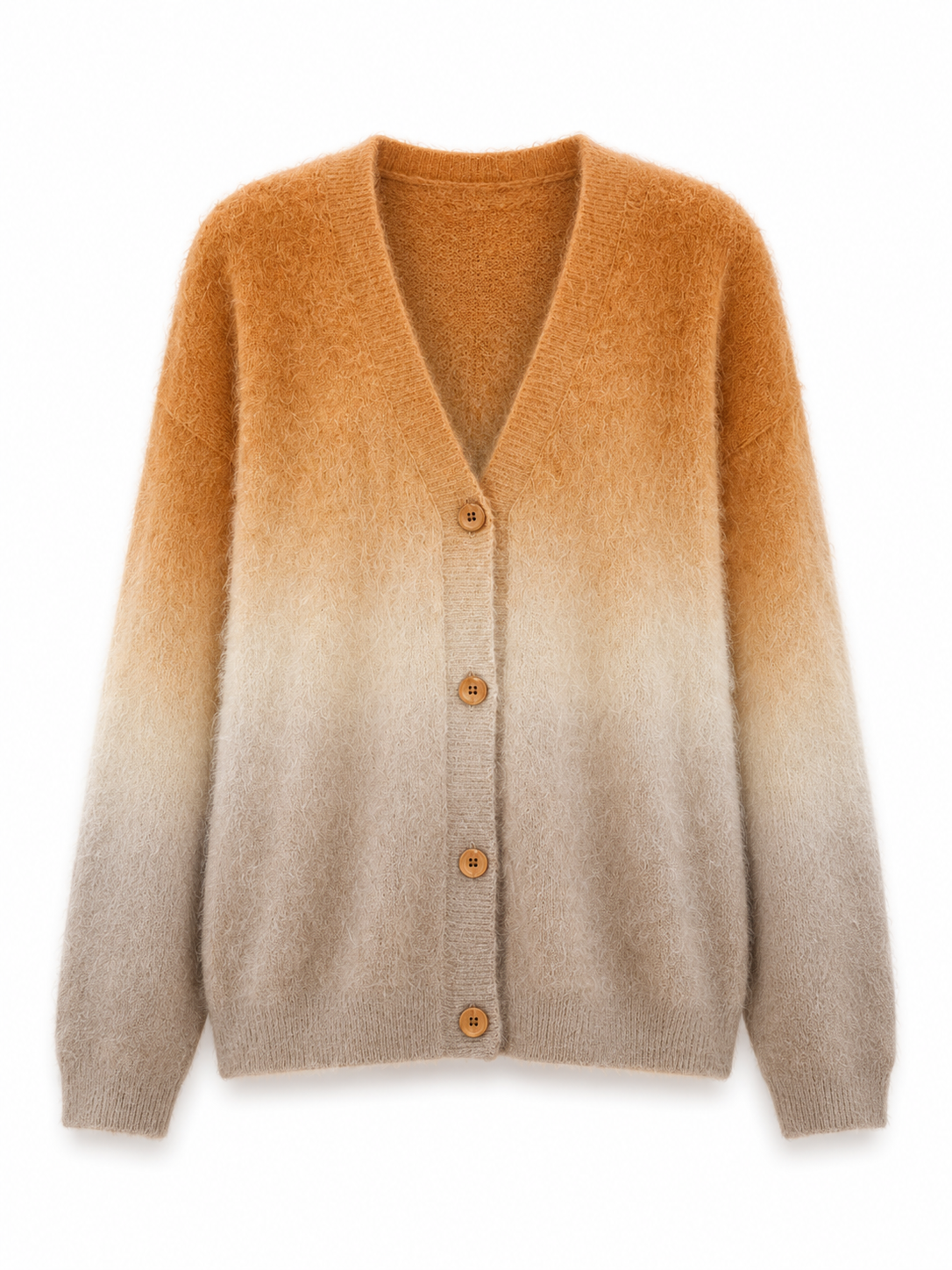 Ombre Gradient Mohair Cardigan Women Caramel Fuzzy Knit V Neck Oversized Drop Shoulder Button Up Fluffy Sweater Coat