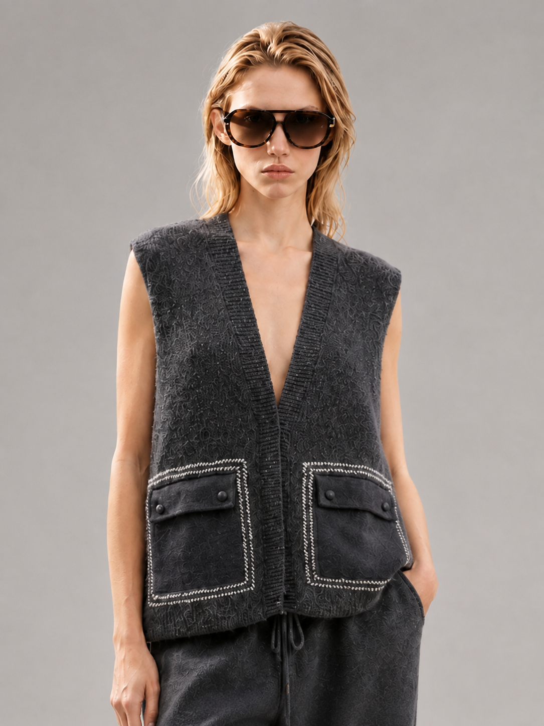 Women Fuzzy Knit Vest V Neck Sleeveless Mohair Sweater Denim Patch Pocket Dark Grey Knitted Waistcoat for Autumn