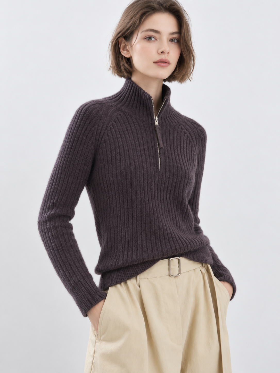 Women's Ribbed Knit Sweater Half Zip Mock Neck Long Sleeve Slim Fit Pullover Casual Winter Jumper