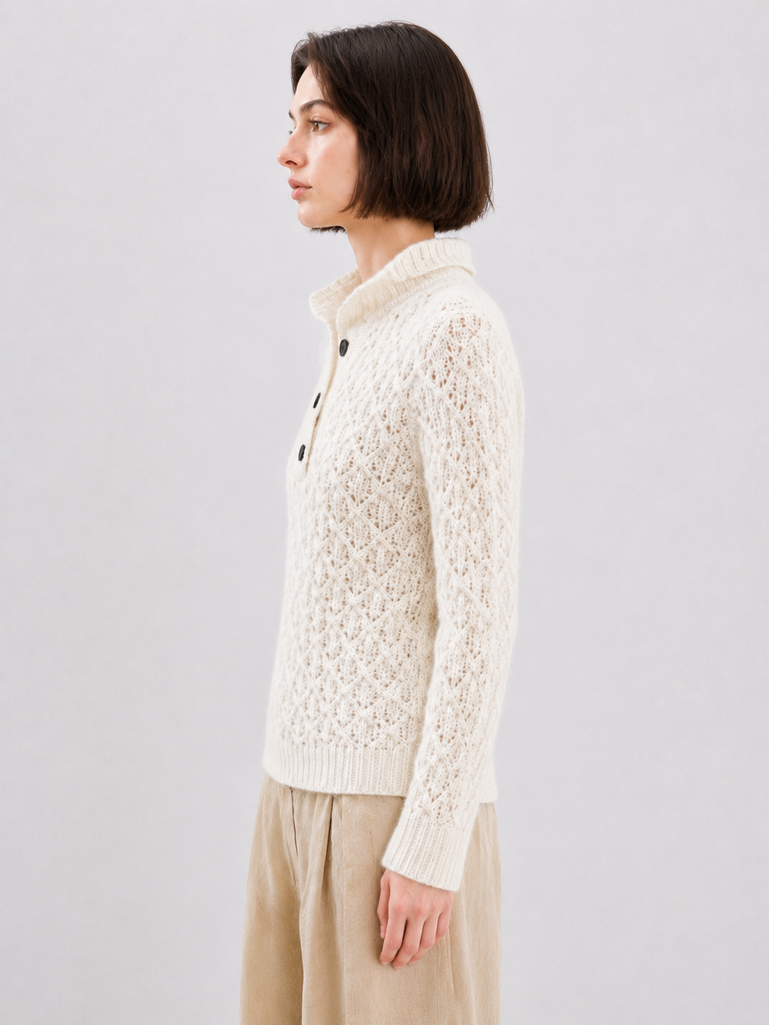 Womens Henley Cable Knit Sweater Mock Neck Button Placket Pullover Cream Chunky Ladies Jumper Autumn Winter Knitwear