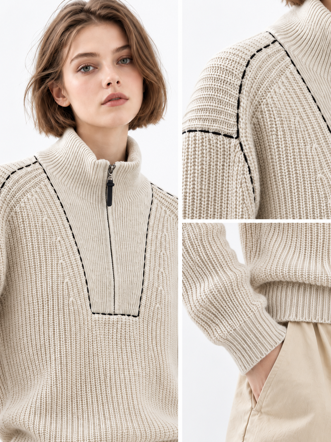 Women's Half Zip Ribbed Knit Sweater Mock Neck Long Sleeve Pullover with Contrast Stitching Relaxed Fit Jumper