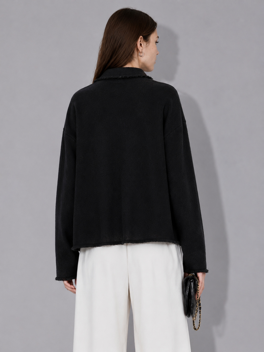 Luxury Wool Blend Overshirt Jacket – Minimalist Black Knit Cardigan Shirt with Vintage Collar	