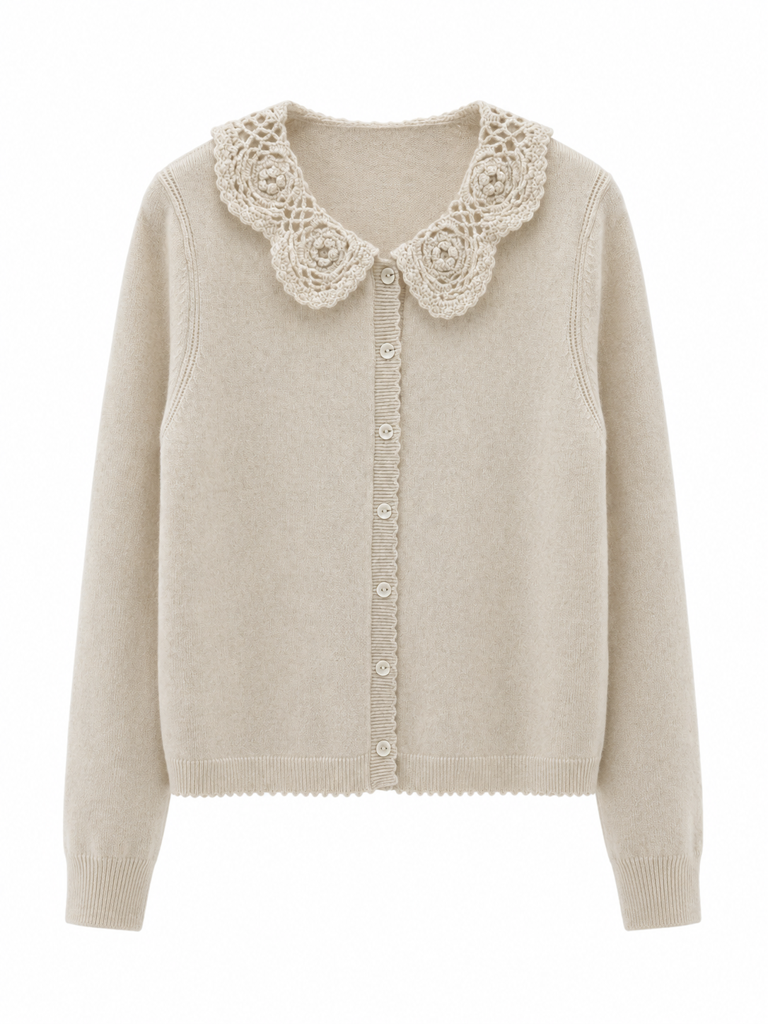 Women's dress with a babydoll collar, wool and cashmere knitted sweater with a collar, cardigan