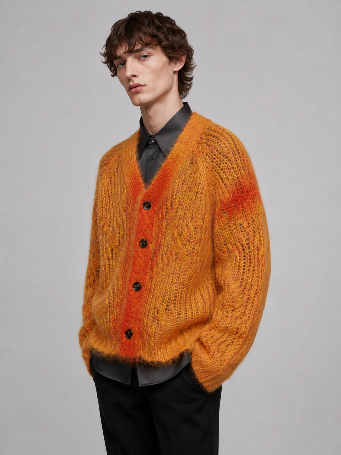Wholesale Custom Fuzzy Mohair Wool Blend Leopard Jacquard Oversize Crew Neck Cropped Men Knit Sweater Luxury Street Knitwear