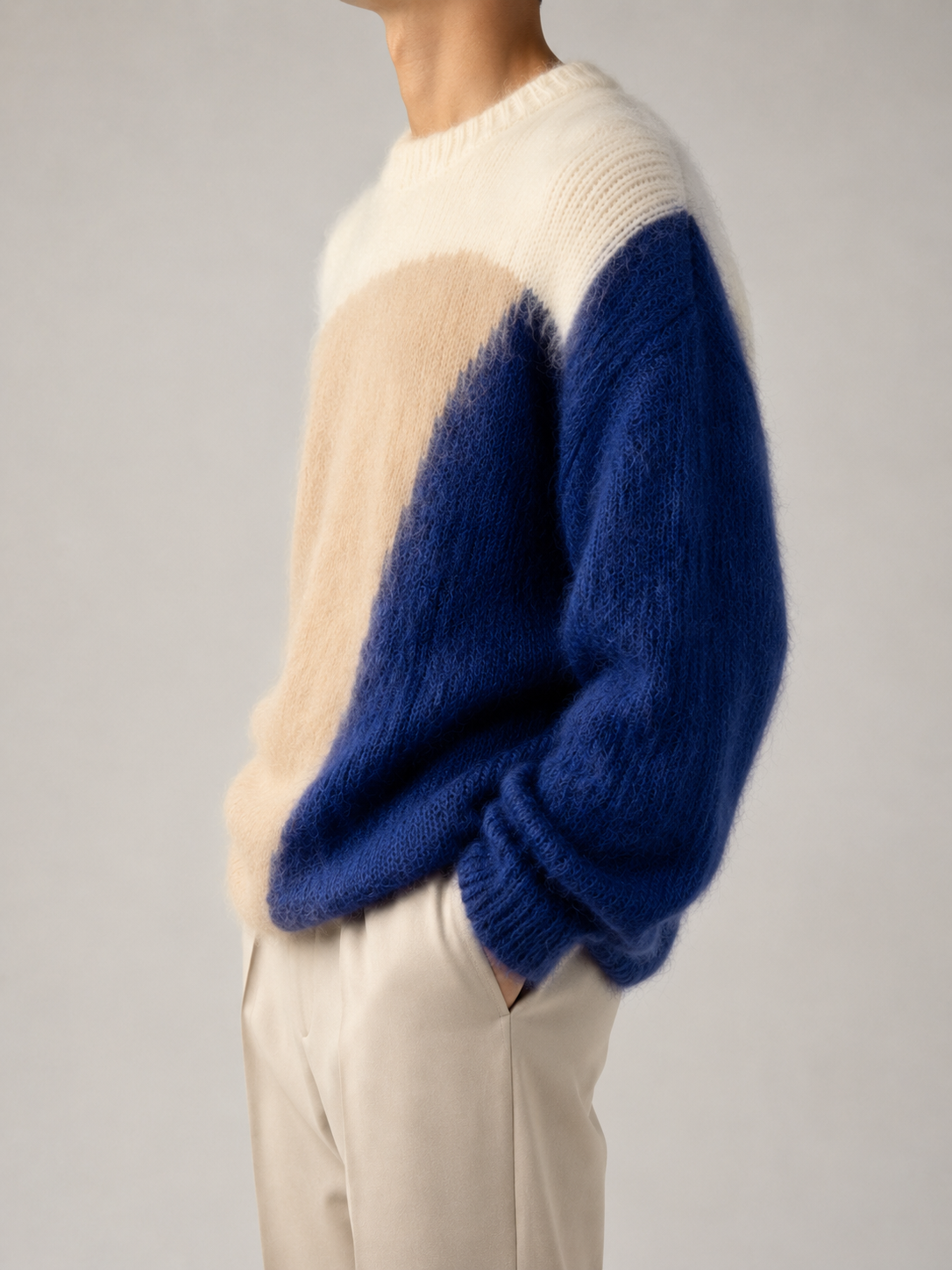 Custom Men's Casual Mohair Knitted  Sweater Dropped Shoulder Pullover with Winter Crew Neck Long Sleeves