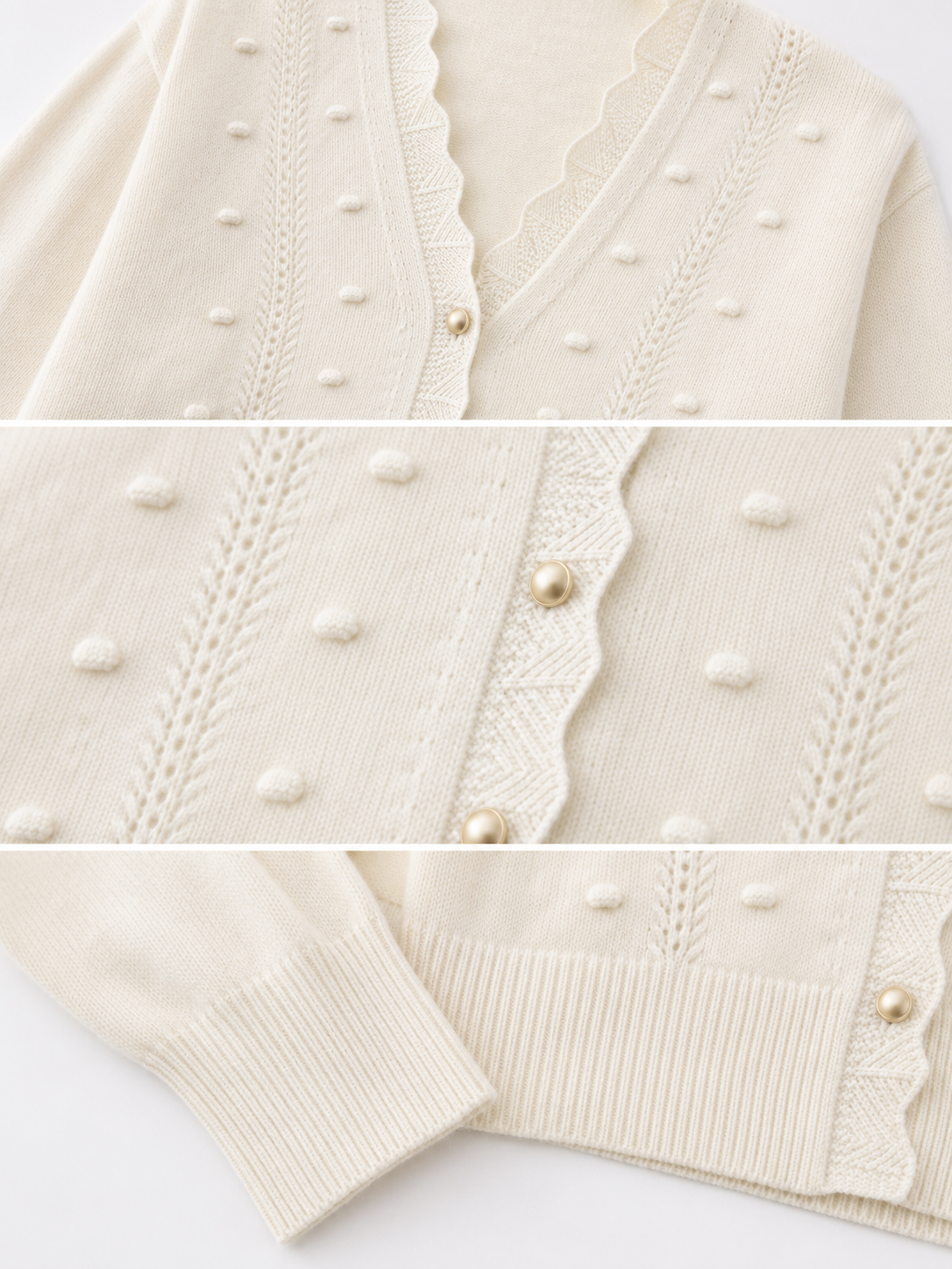 Knitted cardigan with wave-edge design, long-sleeved cream-colored sweater coat, factory direct price, women's top, fashionable and versatile