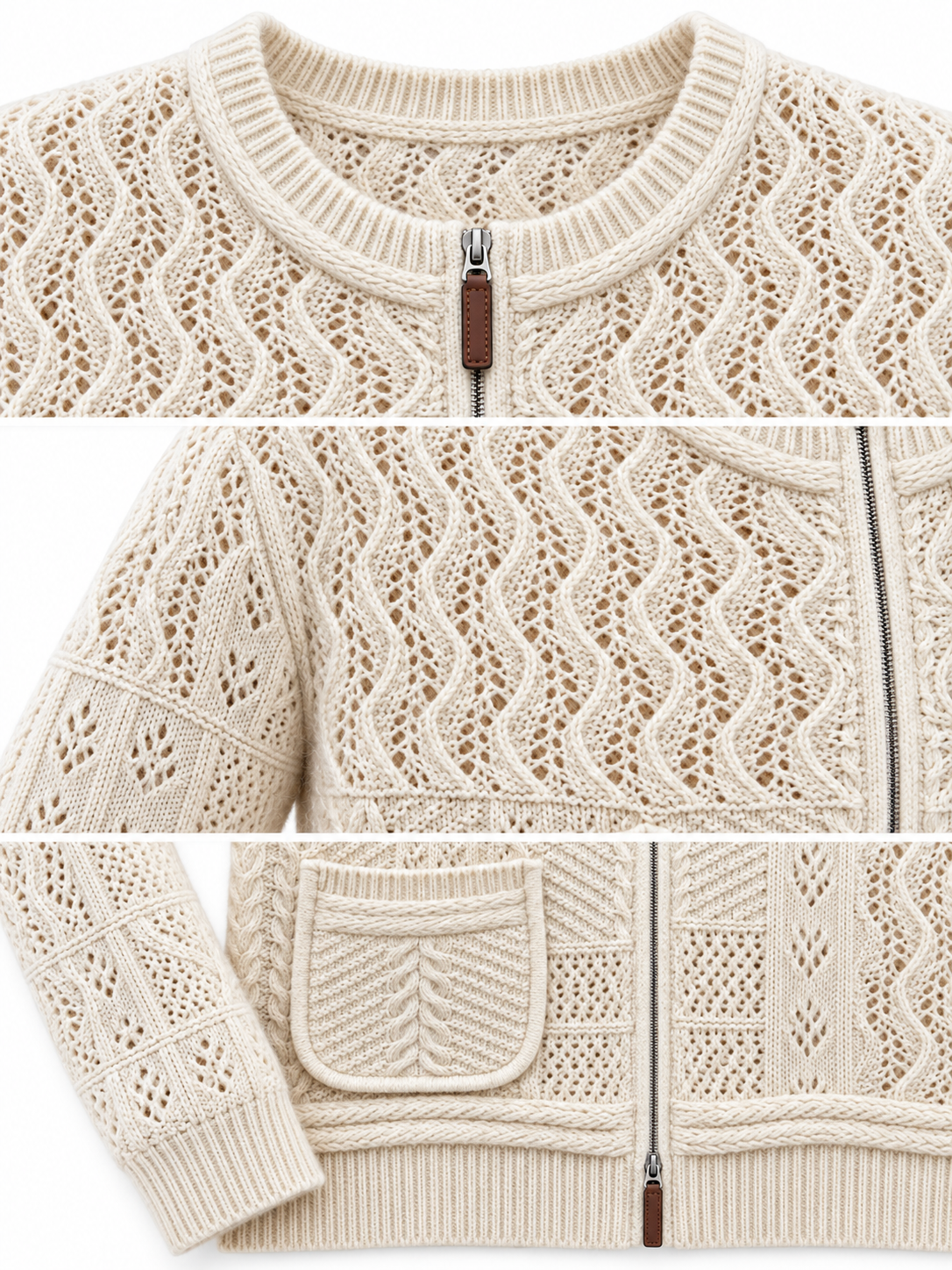 Women's Cable Knit Cardigan Crew Neck Zip Up Sweater Jacket with Four Patch Pockets Long Sleeve Casual Knitwear