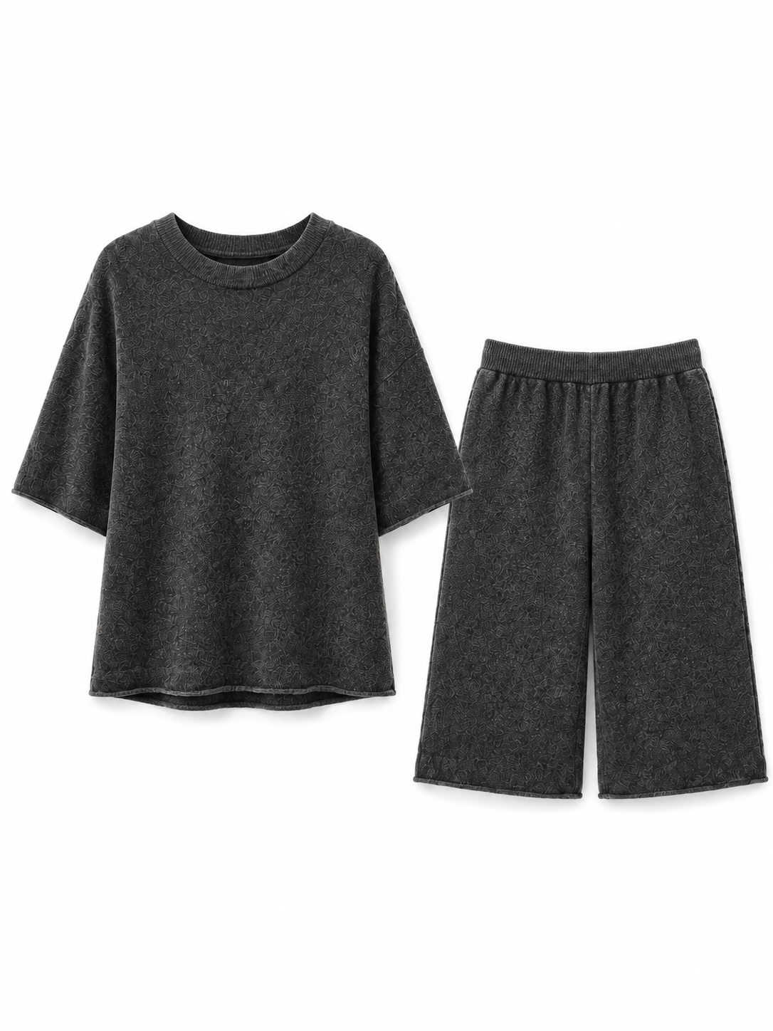 Women Knit Two Piece Set Short Sleeve Crew Neck Sweater and Wide Leg Bermuda Shorts Dark Grey Lounge Outfit Suit