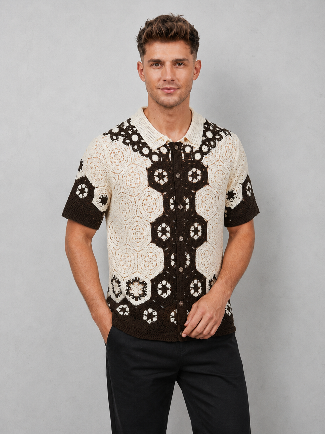 Men's Hollow Out Crochet Knit Polo Shirt Floral Embroidery Cardigan Shirts