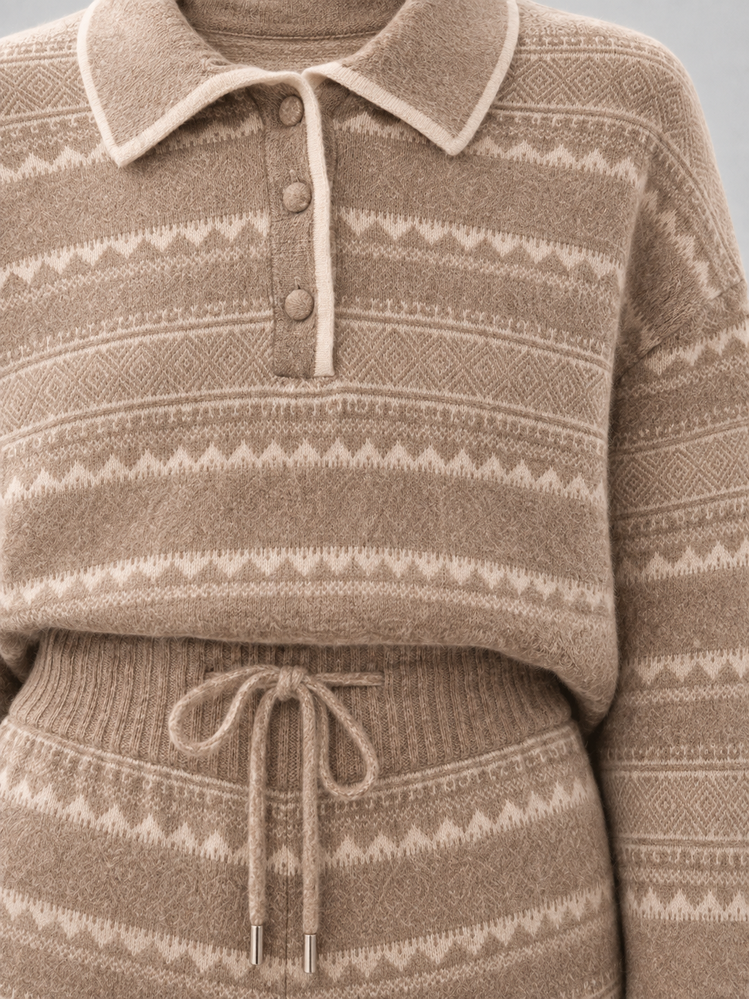 Women Fair Isle Knit Two Piece Set Polo Collar Button Sweater and Drawstring Shorts Beige Jacquard Lounge Outfit