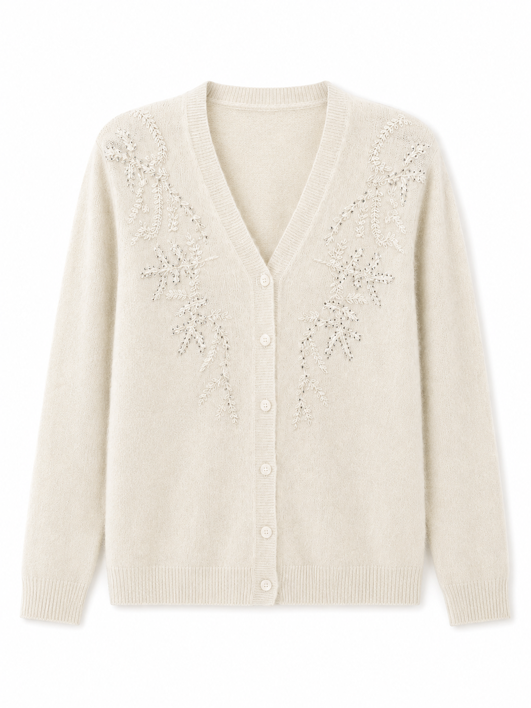 Womens Beaded Embroidery Cardigan V Neck Button Down Knit Sweater Ivory Soft Ladies Knitwear Autumn Winter Coat