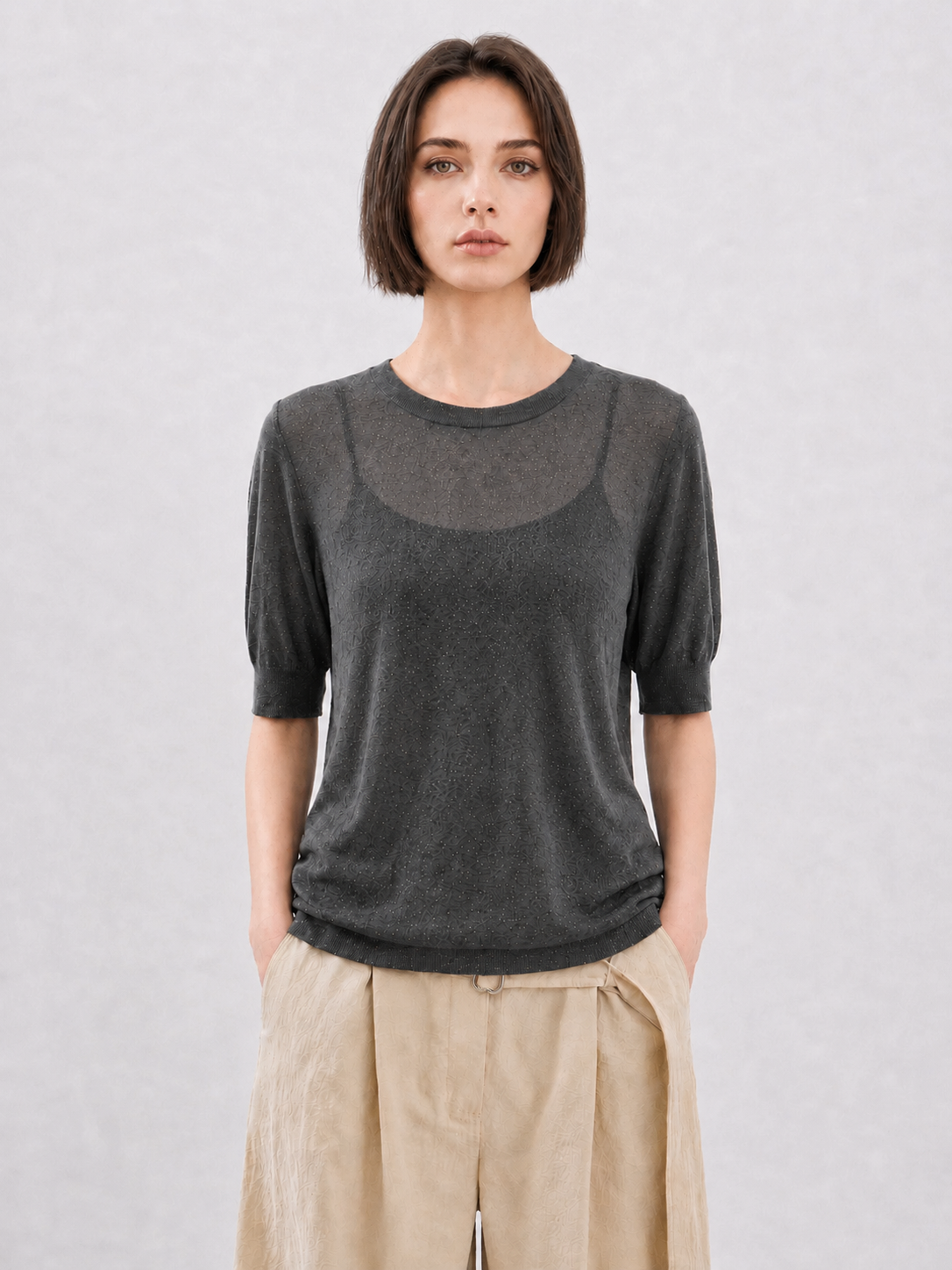 Womens Semi Sheer Knit Top Short Puff Sleeve Round Neck Thin Lightweight Summer Sweater Ladies Casual Pullover Knitwear