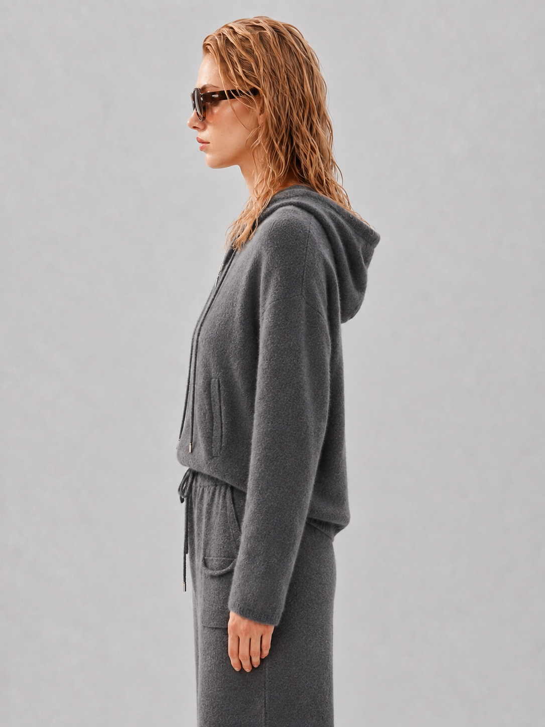 Women Knit Two Piece Set Zip Up Hoodie Cardigan and Drawstring Wide Leg Pants Grey Tracksuit Lounge Outfit Suit