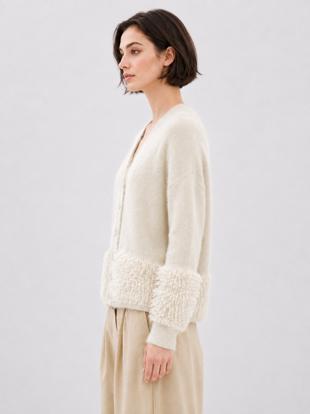 Women Wool Knit Cardigan V Neck Button Up Fuzzy Sweater Loop Fringe Pocket Cream Soft Knitwear for Autumn Winter
