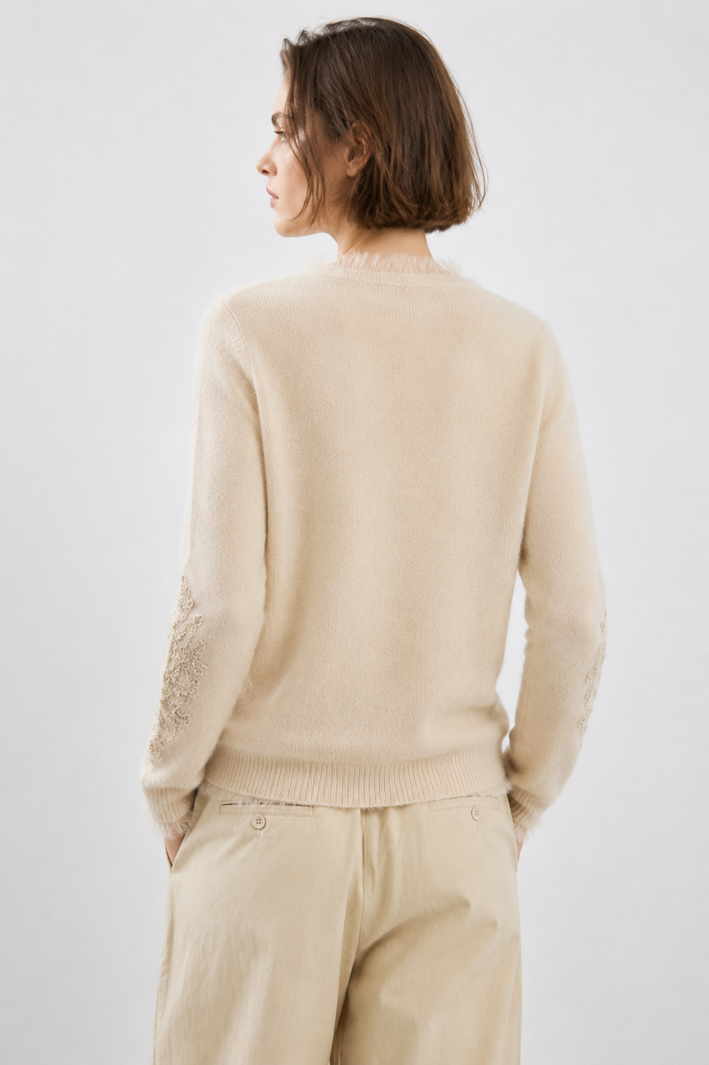 Women Knit Cardigan V Neck Button Up Floral Lace Applique Sweater Feather Fringe Trim Beige Soft Knitwear for Autumn