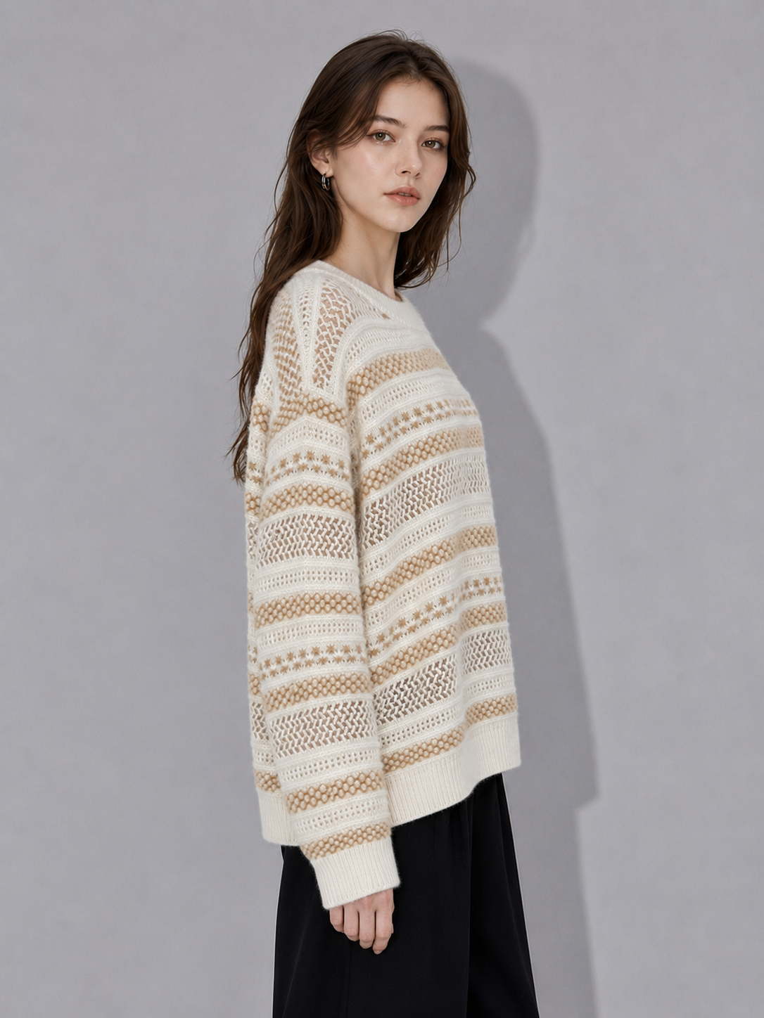 Women Hollow Out Knit Sweater Crochet Striped Pullover Ladies Crew Neck Oversized Beige Openwork Jumper Spring Knitwear