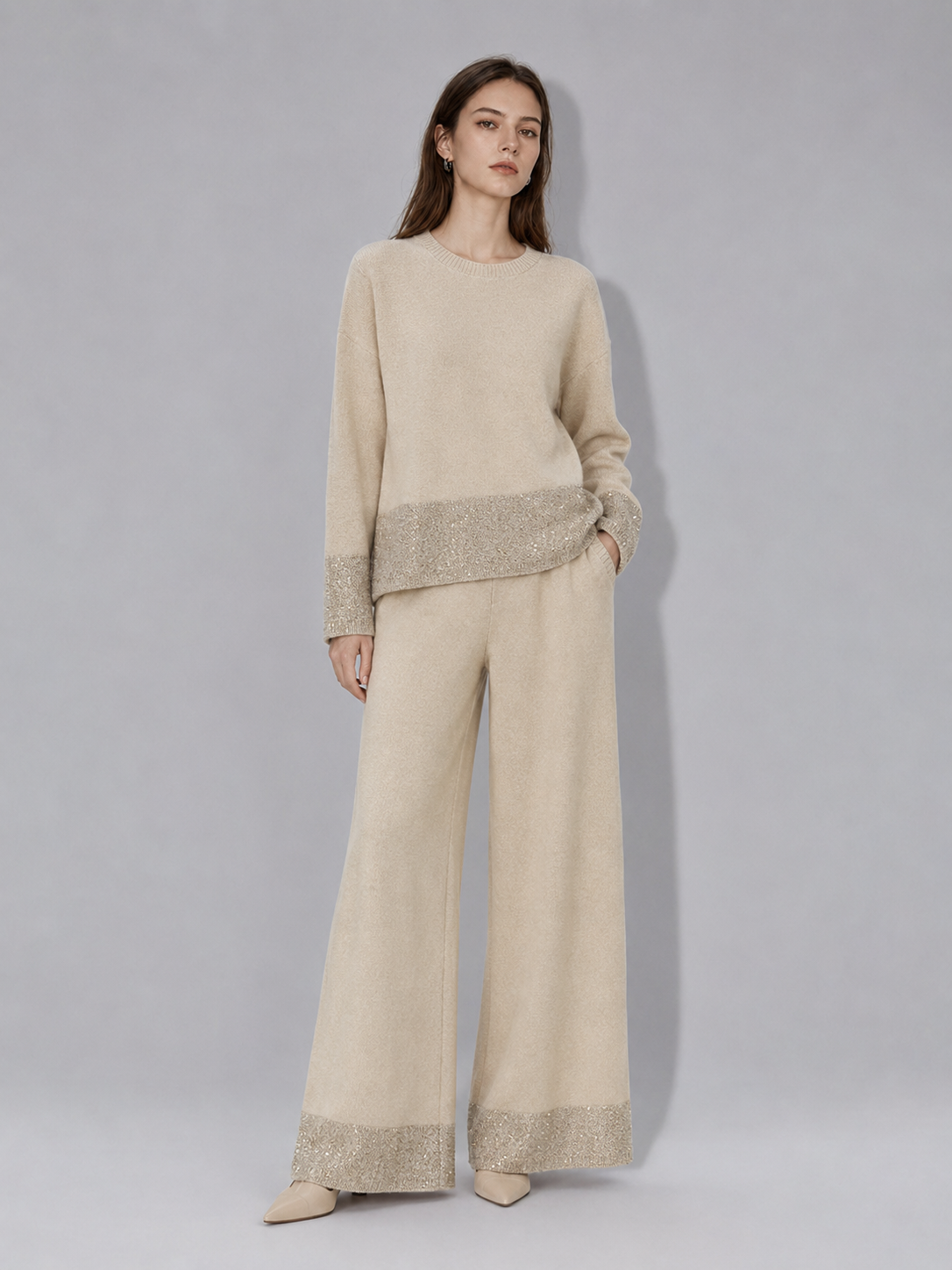 Autumn Soft Bottom Knit Pullover and Pants Set Casual Solid Cashmere Knitted Sweater Set Knitted Two-pieces Set for Women