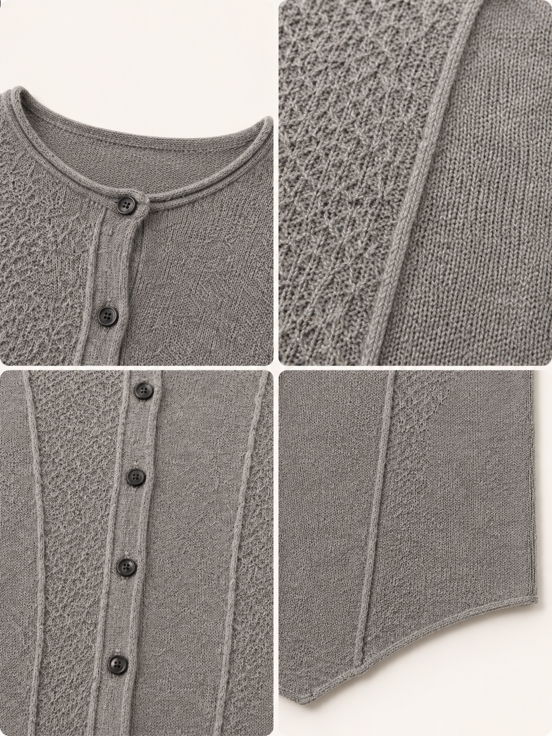 Women Round Neck Button Up Knit Cardigan Slim Fit Ribbed Panel Sweater Curved Hem Long Sleeve Grey Casual Knitwear Top
