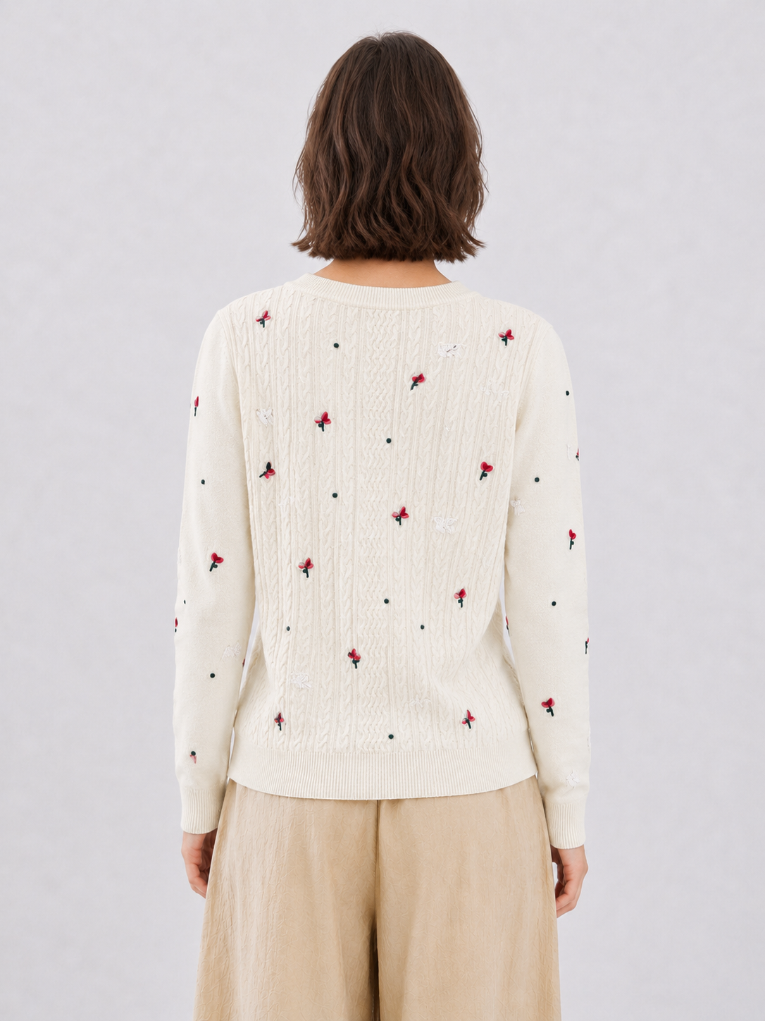 Womens Floral Embroidered Cable Knit Sweater Notch V Neck Pullover Ivory Ladies Jumper Autumn Winter Knitwear Top