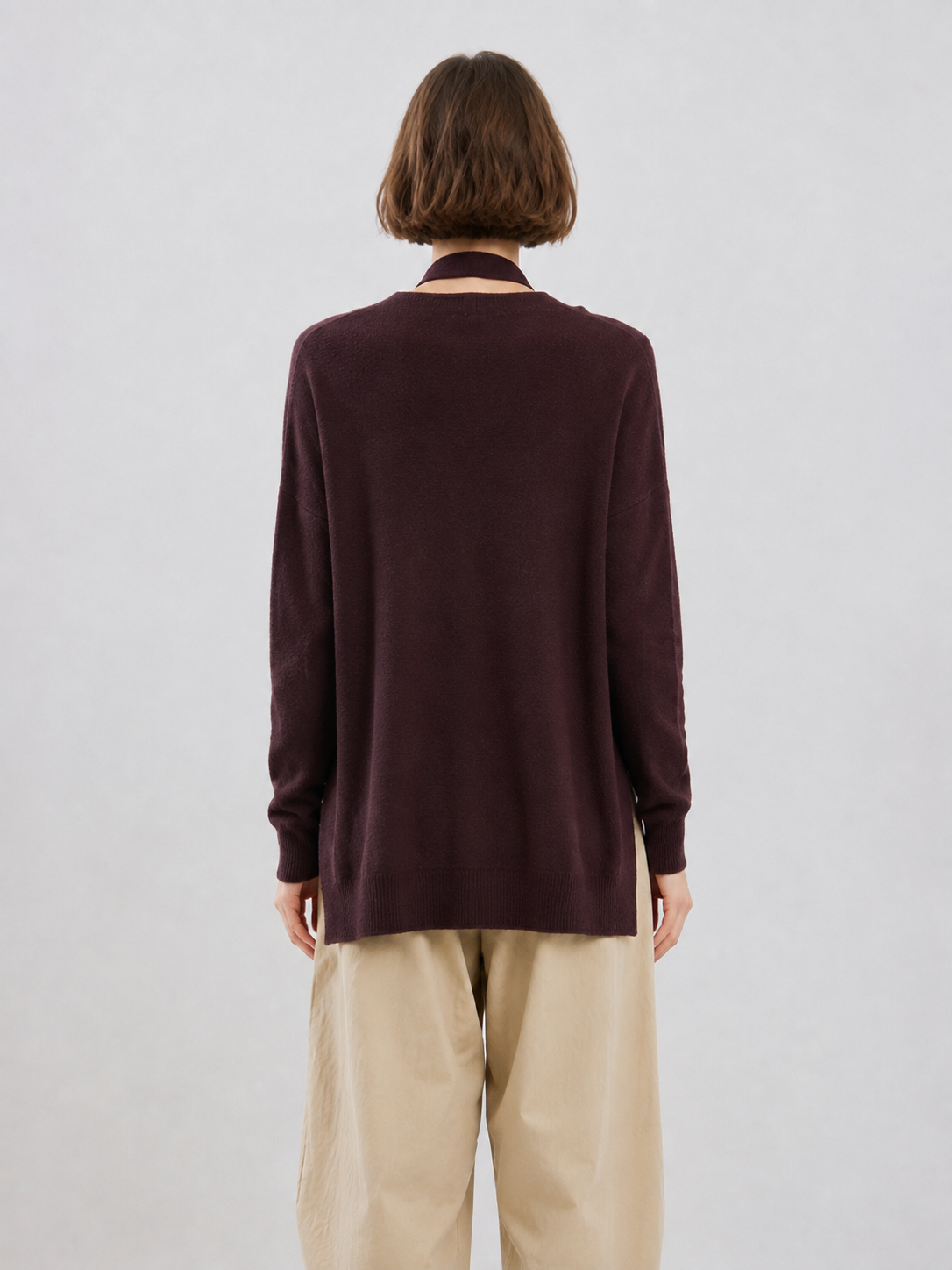 Women Burgundy Tie Neck Knit Sweater Long Sleeve Loose Fit Pullover Top with Side Slits for Casual Autumn Outfits