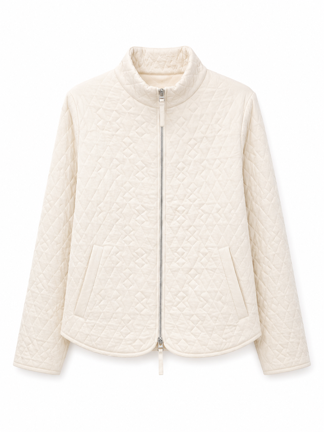 Women Quilted Jacket Stand Collar Zip Up Long Sleeve Lightweight Padded Coat Cream Short Outerwear for Autumn Winter
