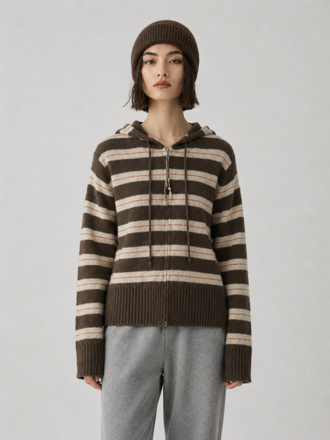 Luxury Wool Striped Hooded Cardigan Jacket – Vintage Zip Knit Sweater for Women