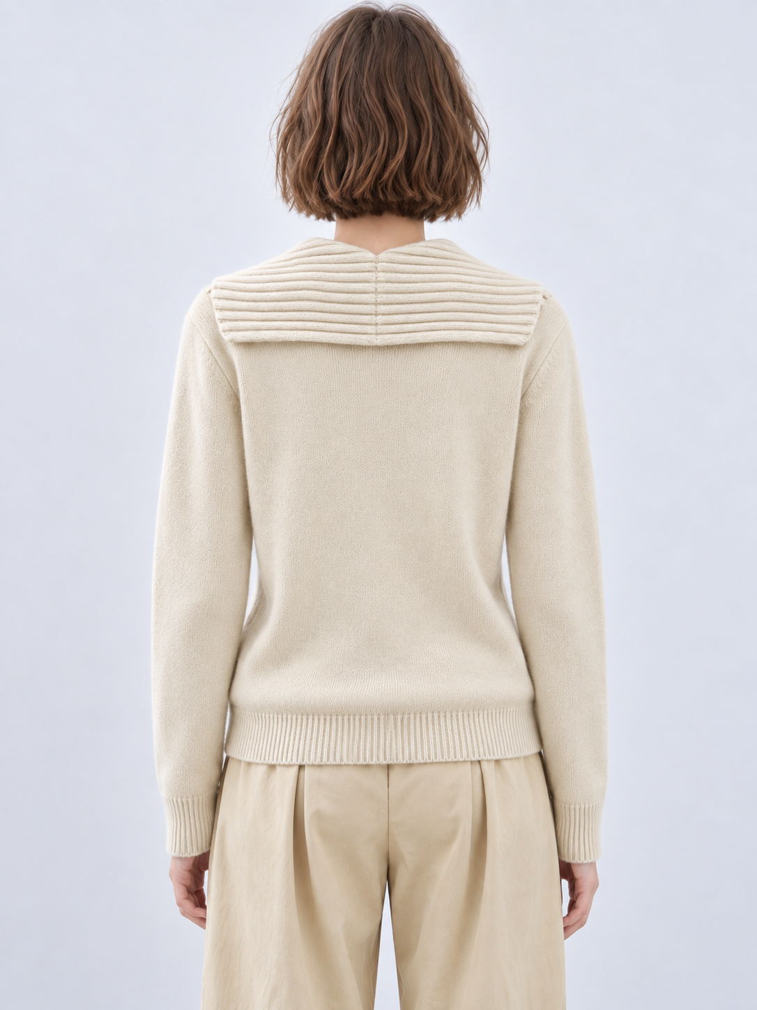 Women's V Neck Knit Sweater Wide Collar Long Sleeve Pullover with Contrast Braided Trim Relaxed Fit Casual Jumper