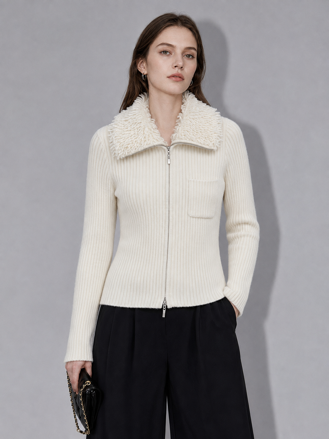 Womens Zip Up Knit Cardigan Lapel Collar Ribbed Sweater Jacket Ladies Long Sleeve Slim Fit Autumn Winter Knitted Outwear
