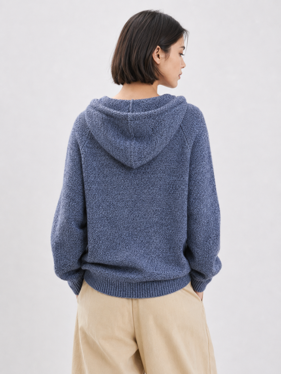 Soft Wool Hooded Knit Sweater – Minimalist Blue Pullover Hoodie for Women