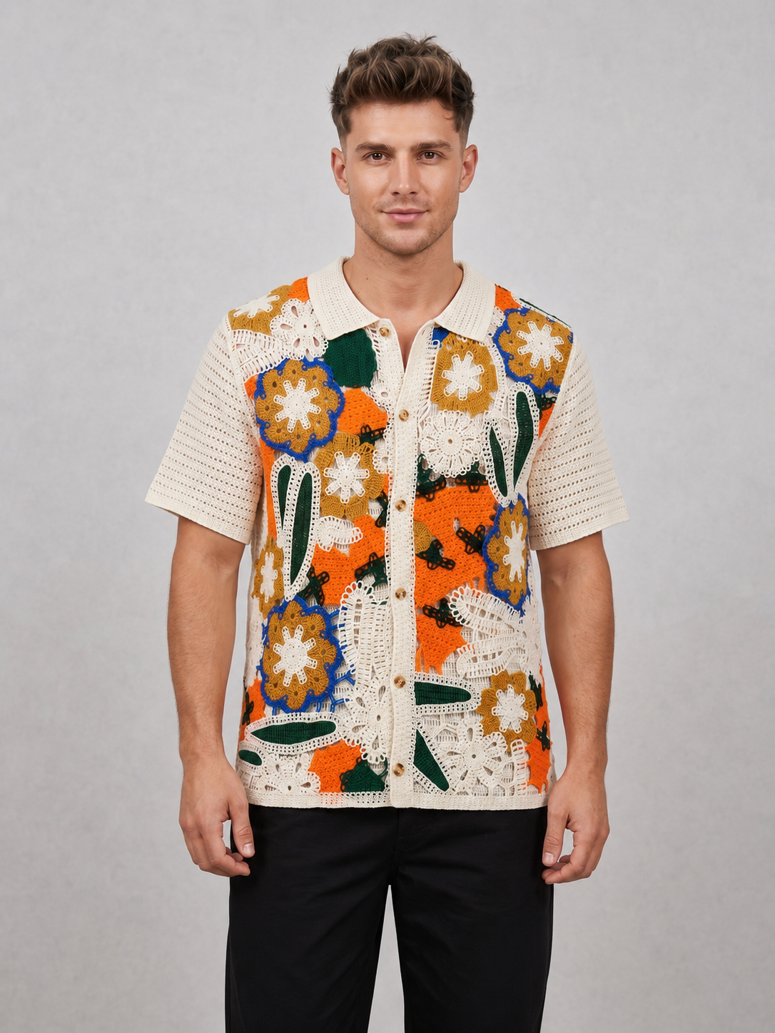 Wholesale Men's Polo Shirt Summer Casual Short Sleeve Imitation Hand-Crocheted Cardigan Slim Fit Hollow Floral Knitted Lapel Top
