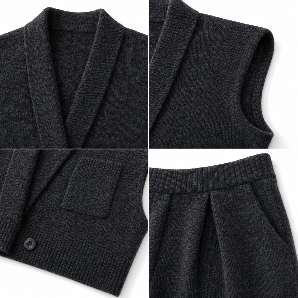 Women's Charcoal Gray Knit Two Piece Set Sleeveless Lapel Cardigan Vest and Wide Leg Shorts for Office Casual Wear