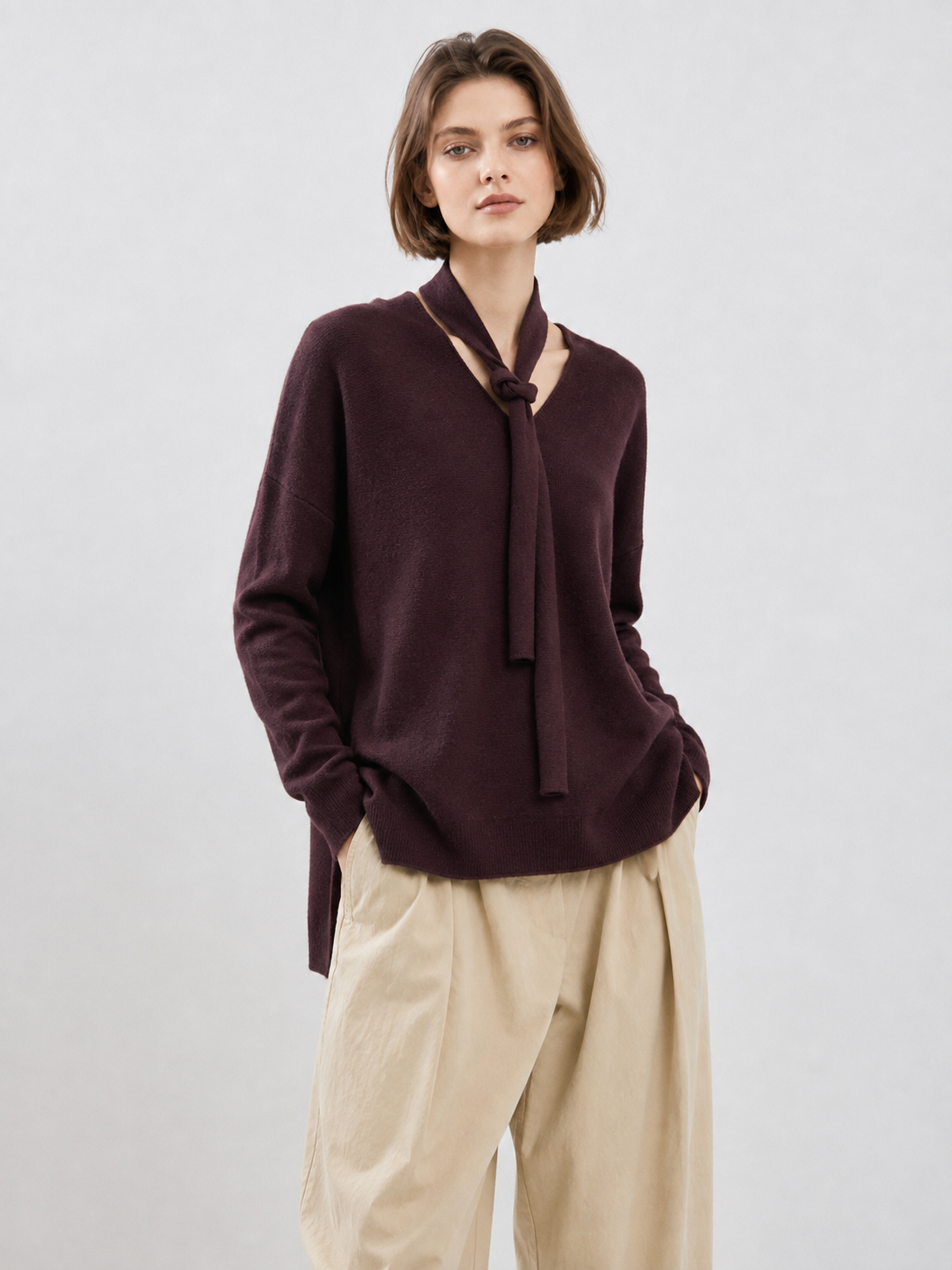 Women Burgundy Tie Neck Knit Sweater Long Sleeve Loose Fit Pullover Top with Side Slits for Casual Autumn Outfits