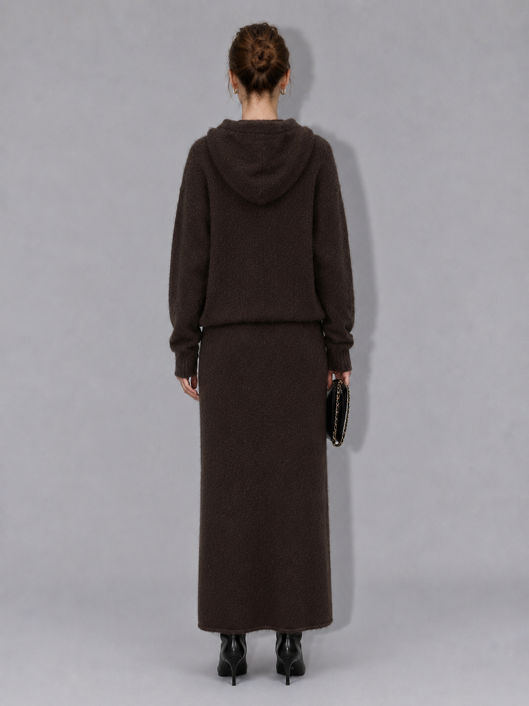 Womens Knit Hoodie and Maxi Skirt Set Long Sleeve Drawstring Sweater Two Piece Ladies Autumn Winter Knitted Outfit Suit