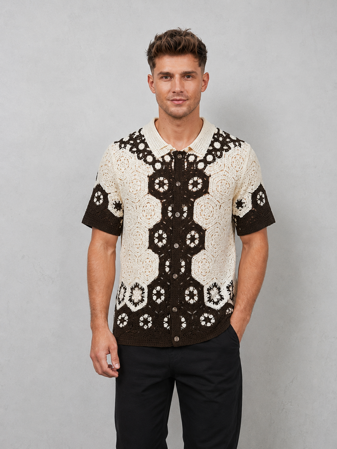 Men's Hollow Out Crochet Knit Polo Shirt Floral Embroidery Cardigan Shirts