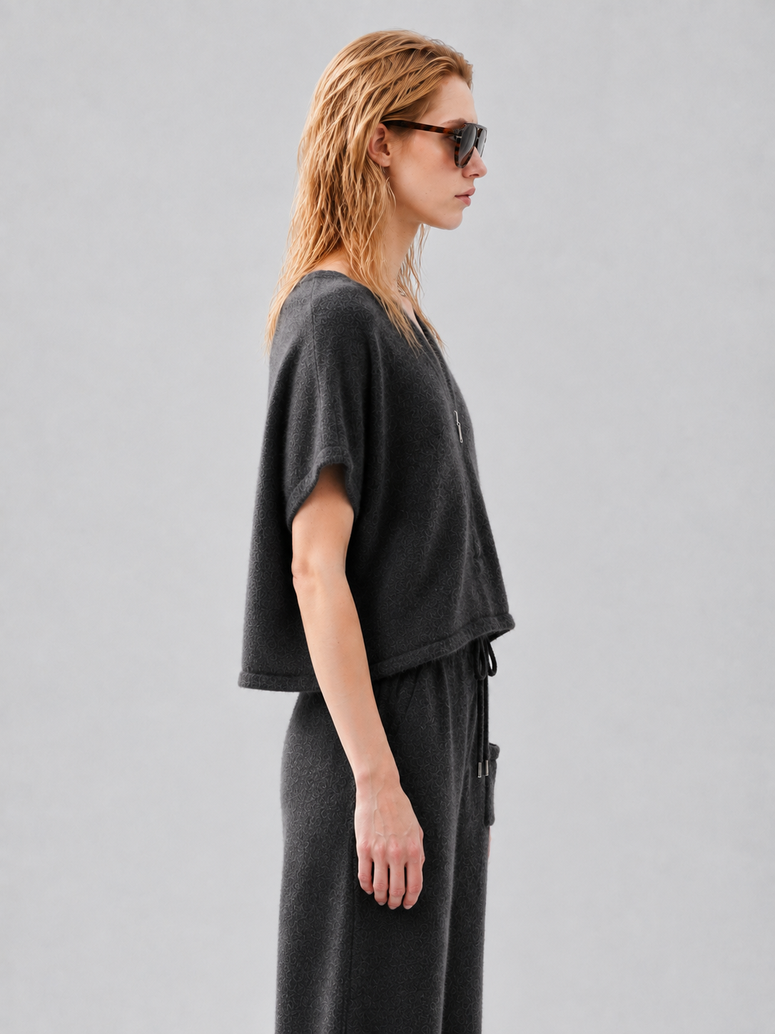 Women Knit Two Piece Set Half Zip V Neck Jacquard Sweater and Drawstring Wide Leg Pants Dark Grey Lounge Outfit
