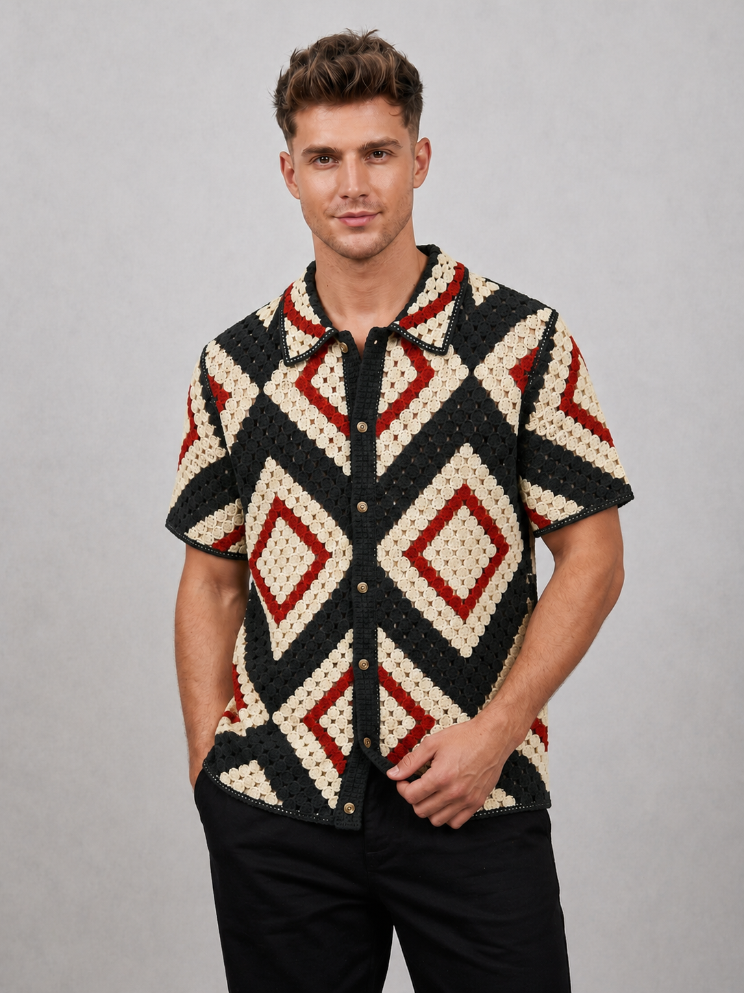 Vintage Geometric Crochet Knit Button-Up Shirt