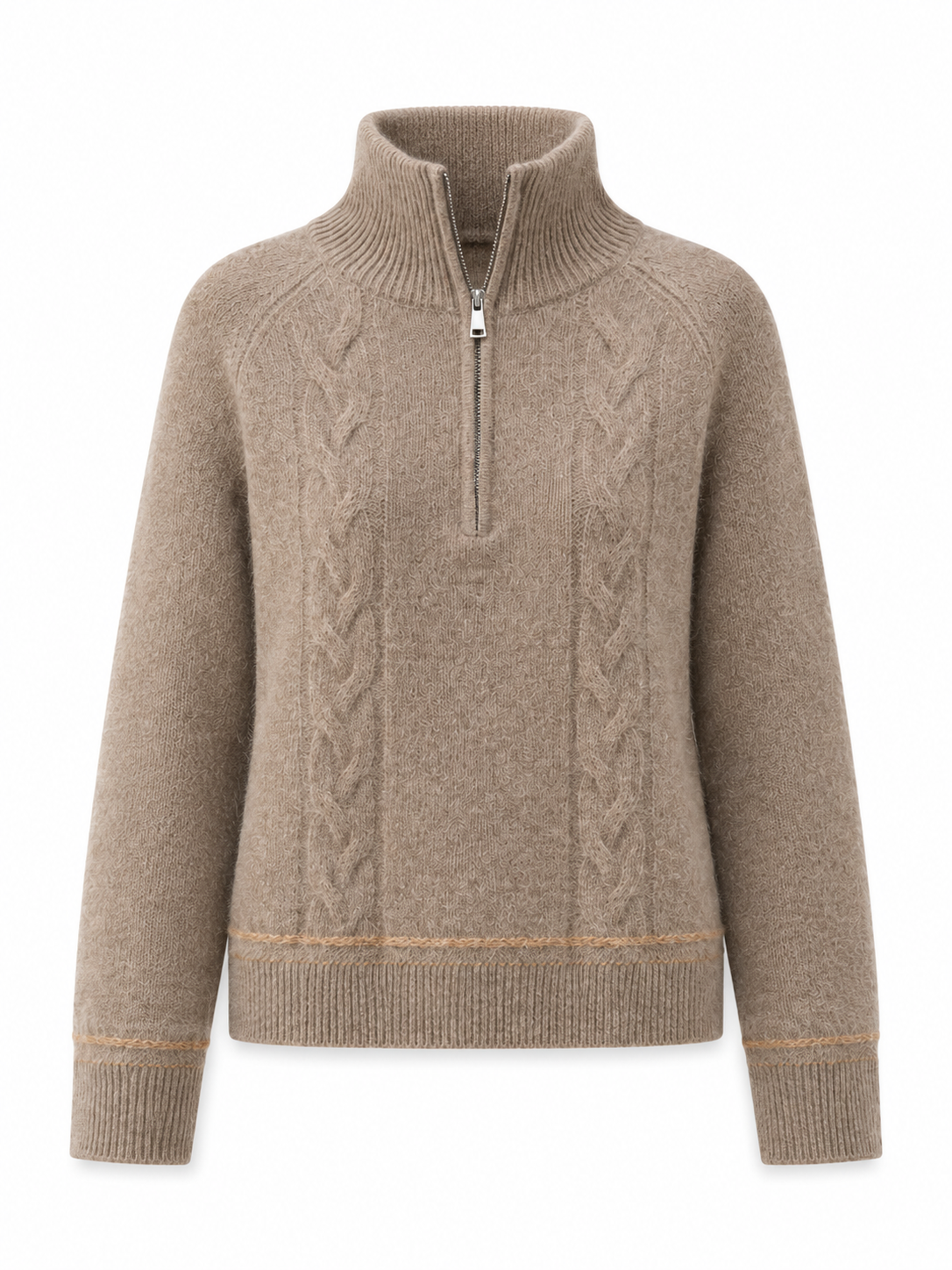 Women Quarter Zip Sweater Mock Neck Cable Knit Pullover Ladies Stand Collar Taupe Mocha Jumper Autumn Winter Knitwear