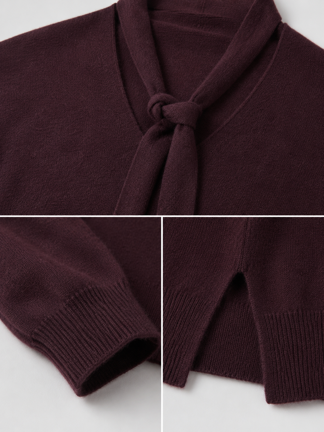 Women Burgundy Tie Neck Knit Sweater Long Sleeve Loose Fit Pullover Top with Side Slits for Casual Autumn Outfits