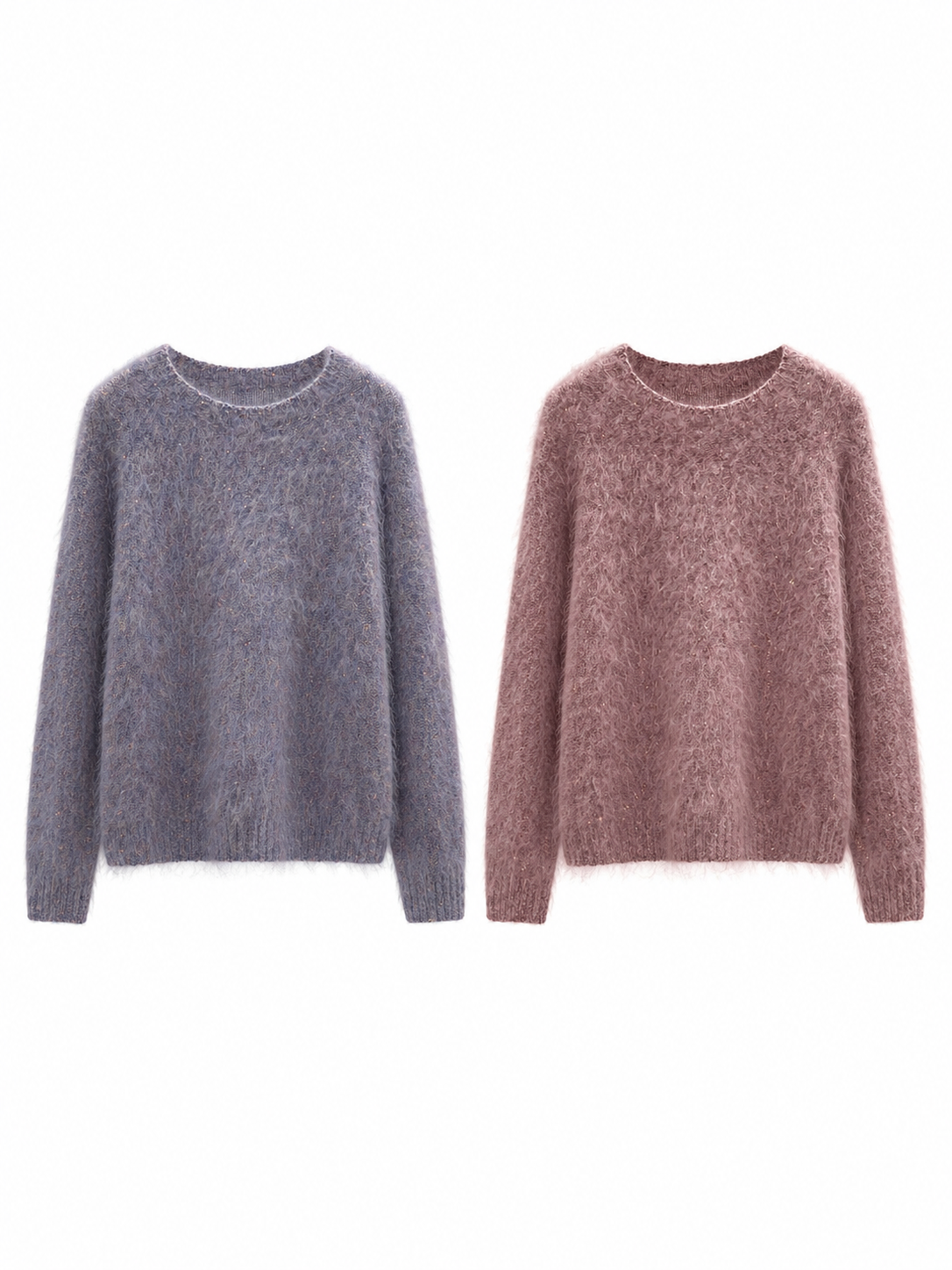 Women Wool Sweater Crew Neck Fuzzy Knit Pullover Sequin Glitter Jumper Pink Soft Knitwear for Autumn Winter Party